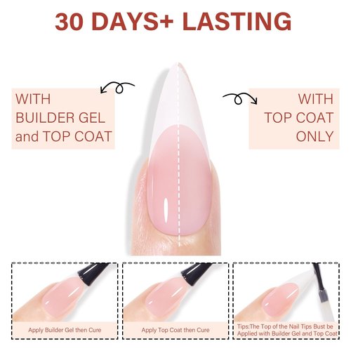 AILLSA French Gel Nail Tips, 180 Pcs French Tip Press On Nails Long Almond Pink, Pre-Applied Primer & Base Coat, No Need File, Soft Long Stiletto Nail Tips, Fake Nails for Women Gift 15 Sizes