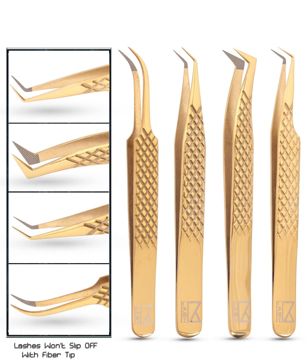 M LASH Tweezers for Eyelash Extensions (Set of 4) - Professional Lash Extension Tweezers - Fiber Tip, Japanese Steel, Diamond Grip Eyelash Extension Tweezer set (Multi-Color)