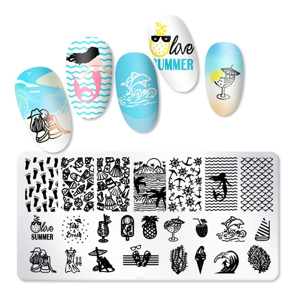 XEAOHESY 6pcs Seaside Scenery Nail Stamping Plate Nail Stamping Kit for Nails Summer Beach Coconut Trees Sunset Waves Sea Animals Image Plates Nail Stamper Kit