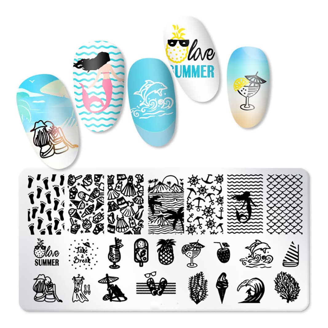 XEAOHESY 6pcs Seaside Scenery Nail Stamping Plate Nail Stamping Kit for Nails Summer Beach Coconut Trees Sunset Waves Sea Animals Image Plates Nail Stamper Kit