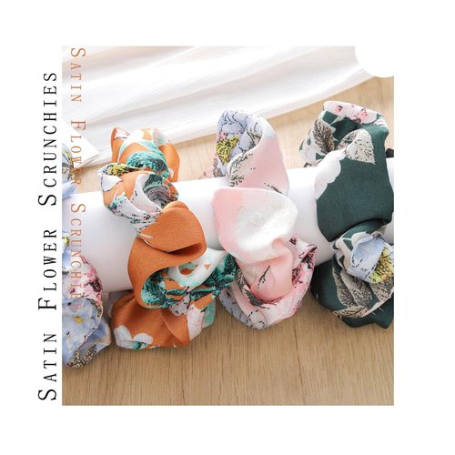 Jewemia Women's Silk Satin Floral Printed Scrunchies - Elastic Hair Ties and Accessories Gift Set for Thick Curly Hair, 5 Colors