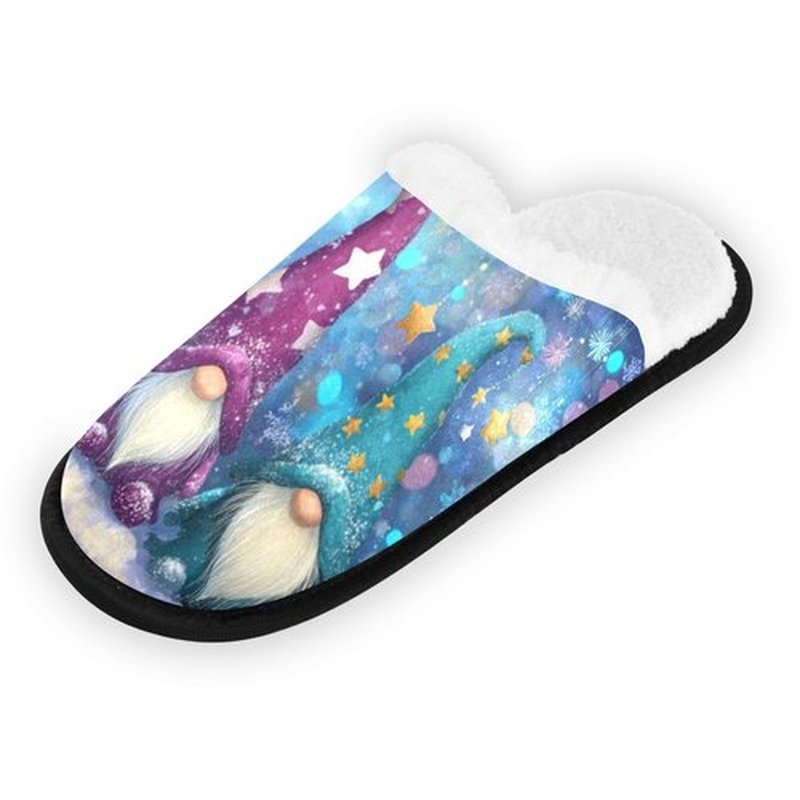 Dussdil Snowflakes Gnomes House Slippers Blue Snow Glitter Home Spa Slippers Memory Foam Closed Toe Slipper Non Slip for Hotel Bedroom Travel Shoes Women Men M