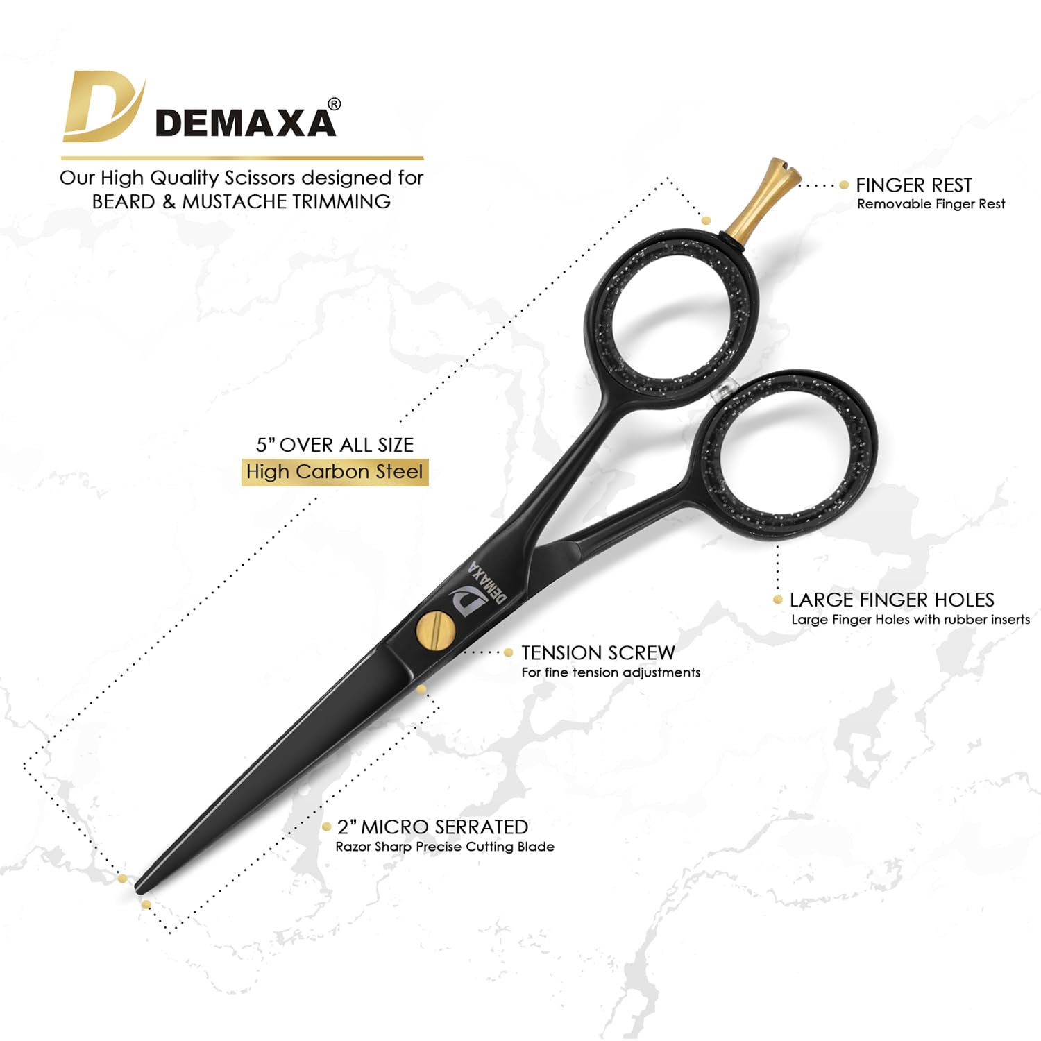 DEMAXA 5" Professional Mustache Scissors Beard Scissors for Men with Fine tip Tweezers 1 Mustache Comb 1 Beard Comb & Pouch – Beard Trimming kit & Mustache Kit (Black Shears With Tweezer)