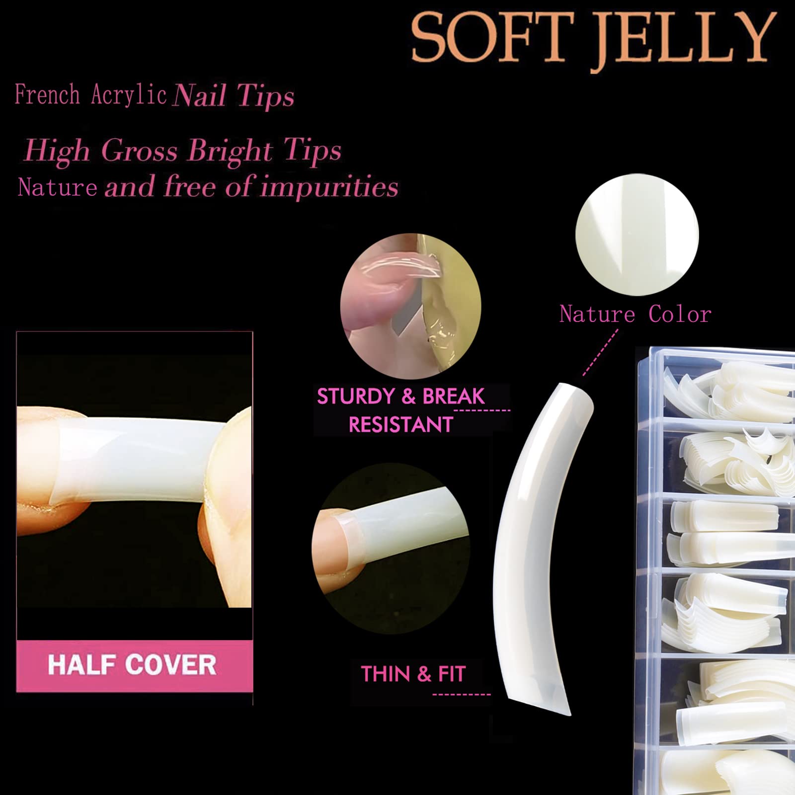 UNA GELLA Natural French Nail Tips 500pcs Acrylic Fake Nails Coffin Square Nails Tips for Acrylic Nails French False Nails For Nail Extension Nail Art, Home DIY Nail Salon 12 Sizes False Soft Gel Tips
