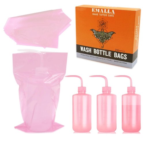 Gakonp 250pcs Tattoo Bottles Bags（Pink） with 3pcs Wash Bottles（Pink） 250ml Disposable Squeeze Watering Tool Sleeves Water Spray Covers for Tattoo Supplies