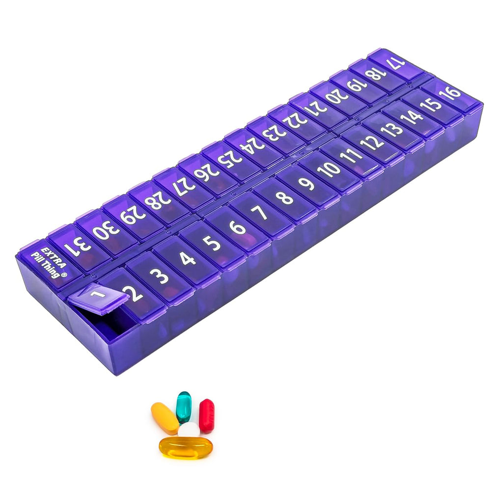 Once-a Day Monthly Pill Organizer Removable Lid for Easy Loading - Large Compartment Pill Box Medications for Entire Month Plus a Compartment for Extra Pills BPA Free