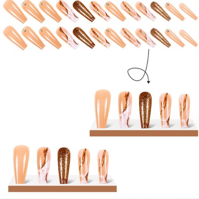 DANMANR Long Press on Nails Marble False Nails Art Full Cover Acrylic Coffin Orange Fake Nails for Women and Girls 24PCS