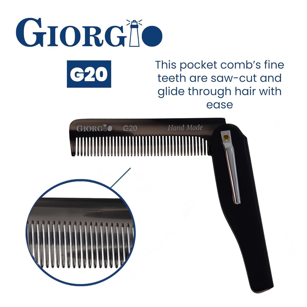 Giorgio G20G Fine Tooth Folding Mustache and Beard Comb - Small Pocket Comb for Everyday Hair Care and Styling - Sawcut and Hand Polished (Black Graphite)