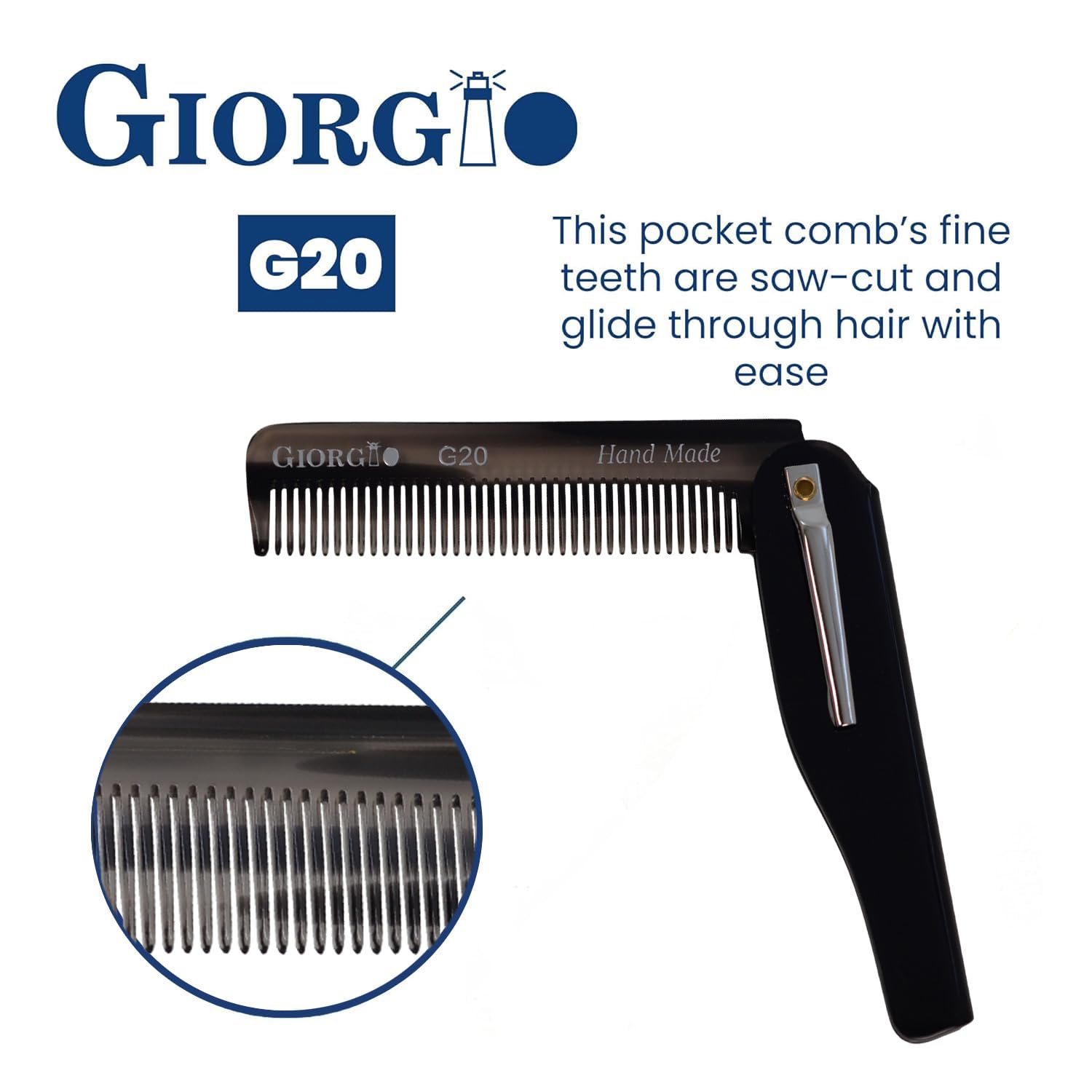 Giorgio G20G Fine Tooth Folding Mustache and Beard Comb - Small Pocket Comb for Everyday Hair Care and Styling - Sawcut and Hand Polished (Black Graphite)