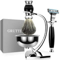 GRUTTI Premium Shaving Kit for Men, 4 in 1 Shaving Set Includes Shaving Stand & Soap Bowl &Brush, Deluxe Safety Mens Razor Holder with Non Slip Base Shaving Kit compatible with Mach 3