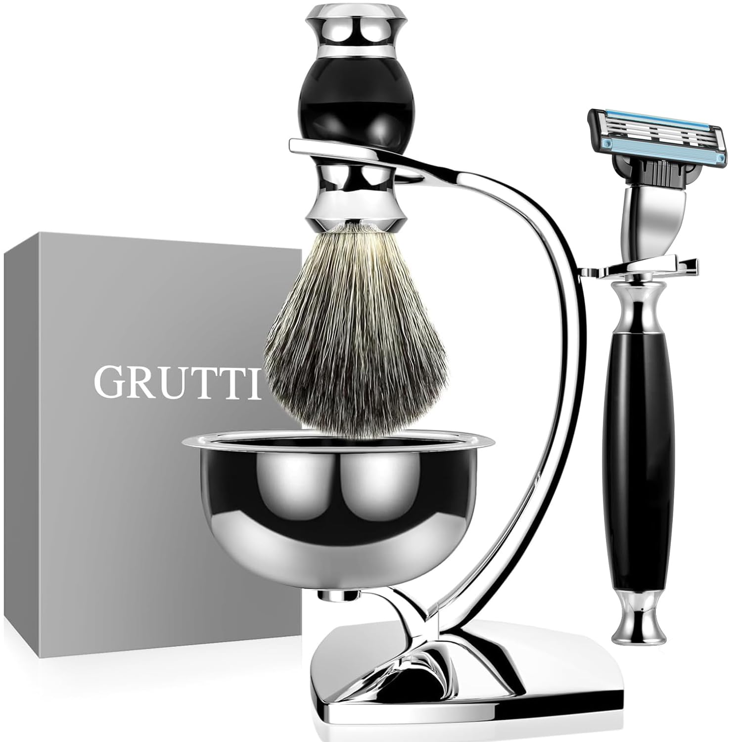 GRUTTI Premium Shaving Kit for Men, 4 in 1 Shaving Set Includes Shaving Stand & Soap Bowl &Brush, Deluxe Safety Mens Razor Holder with Non Slip Base Shaving Kit compatible with Mach 3