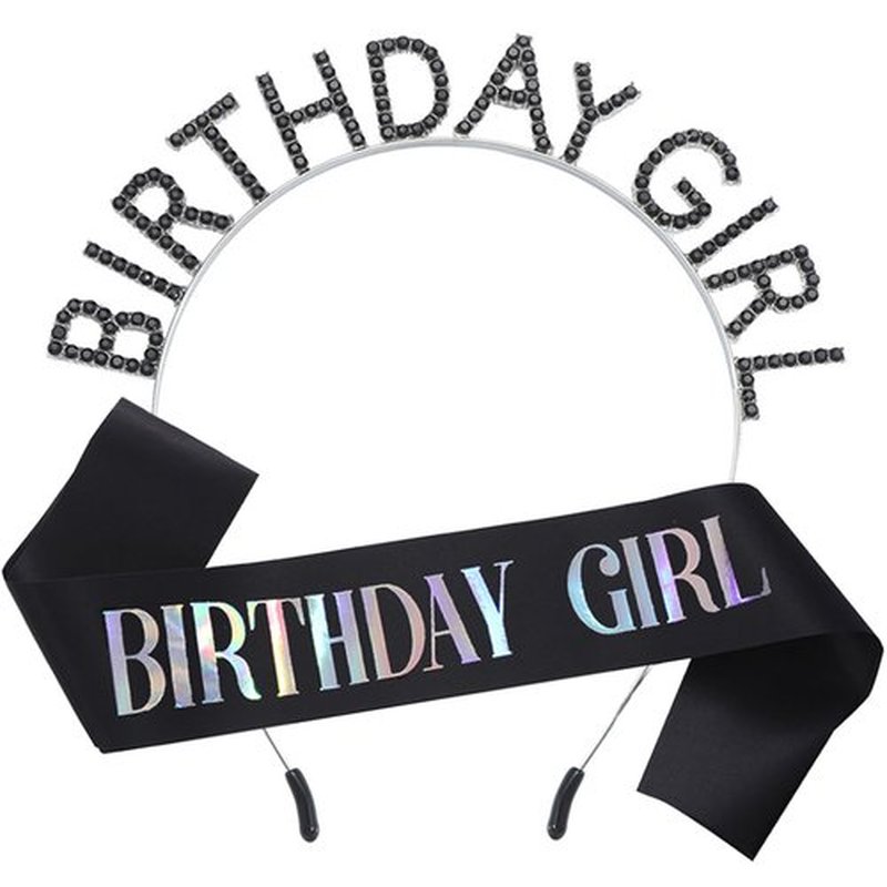 MGJSRNH Birthday Party Gift for Girls,Black Satin Silver Multicolour Iridescence Glitter Sash Decorations Supplies,Rhinestone Crowns Birthday Girl Headband for Women
