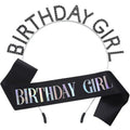 MGJSRNH Birthday Party Gift for Girls,Black Satin Silver Multicolour Iridescence Glitter Sash Decorations Supplies,Rhinestone Crowns Birthday Girl Headband for Women