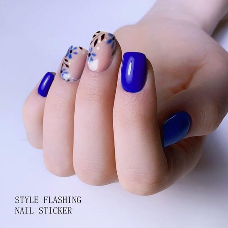 JMEOWIO Gel Nail Stickers Blue Pink Flower Semi Cured Gel Nail Strips Wraps UV/LED Nails Art Design Decoration Accessories