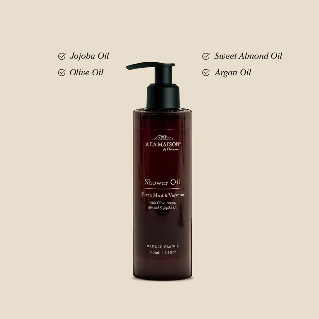 A LA MAISON Cleansing Shower Oil – Hydrating Body Wash Alternative with Olive, Argan & Jojoba Oils – Plant-Based, Biodegradable, Made in France – 8.1 fl oz – Amber Collection (Fresh Mint & Verveine)