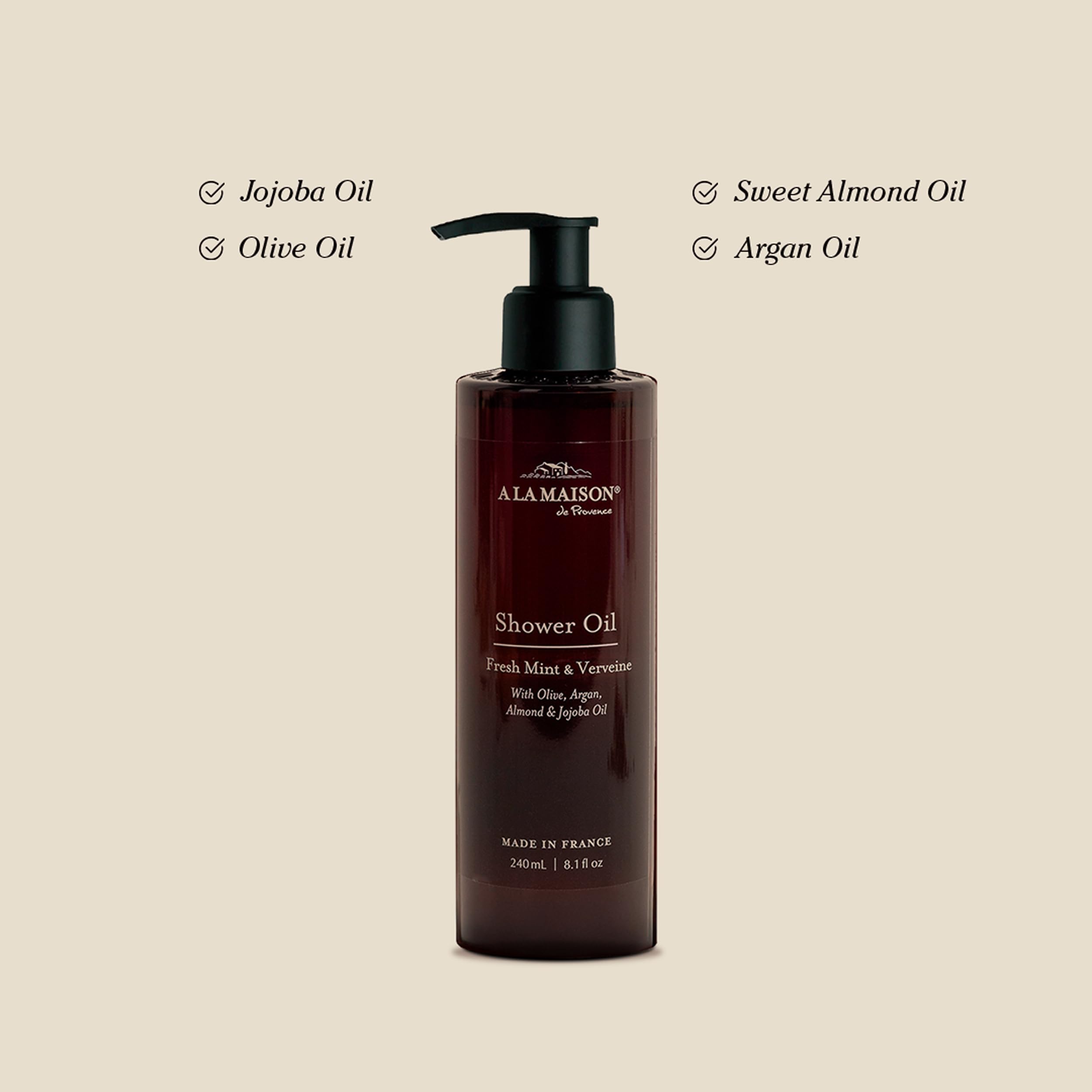 A LA MAISON Cleansing Shower Oil – Hydrating Body Wash Alternative with Olive, Argan & Jojoba Oils – Plant-Based, Biodegradable, Made in France – 8.1 fl oz – Amber Collection (Fresh Mint & Verveine)