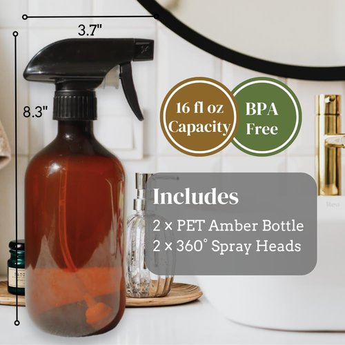 Skiennix 360° Spray Bottle - 16oz (2 Pack) | Versatile Upside Down Amber Plastic Bottles