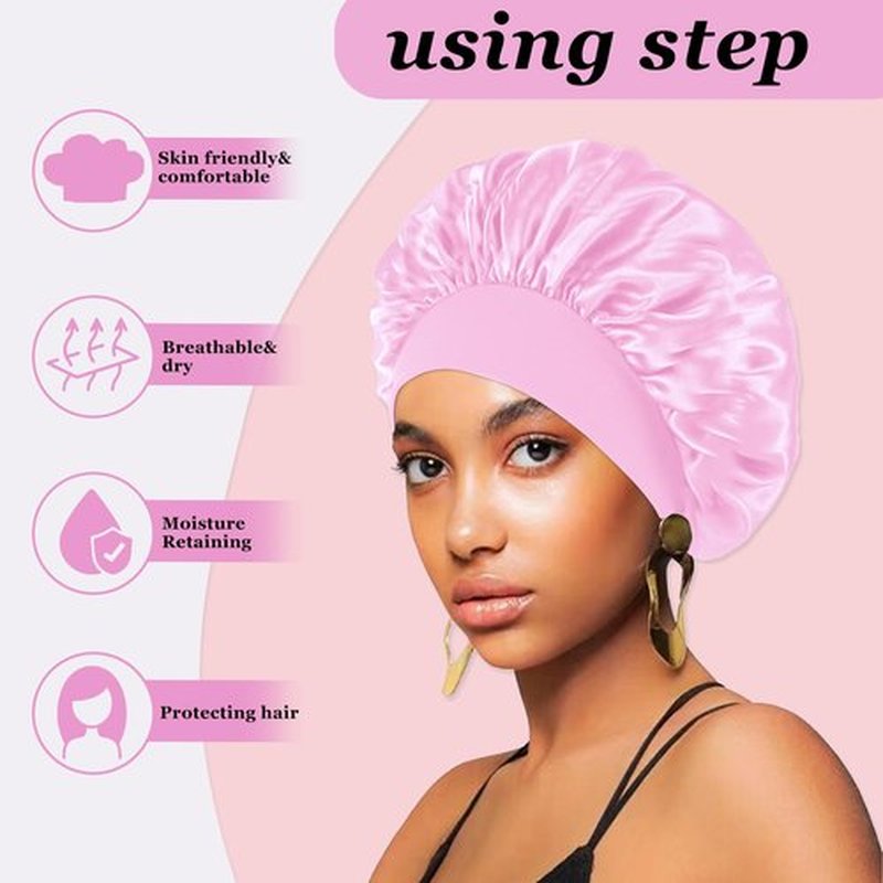 4PCS Satin Hair Bonnet for Sleeping,Bonnets for Black Women Men,Silk Bonnet for Sleeping,Hair Wrap Cap for Curly Hair,Elastic Wide Band Hair Bonnet Shower Cap (Black & Blue & Pink & Purple)