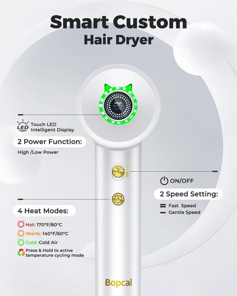 Hair Dryer - Bopcal Ionic Blow Dryer with Concentrator for All Hair Types,160000 RPM High-Speed Fast Drying Lightweight and Quiet, 200 Million Negative Ions Dryer with Thermo-Control (1500w)