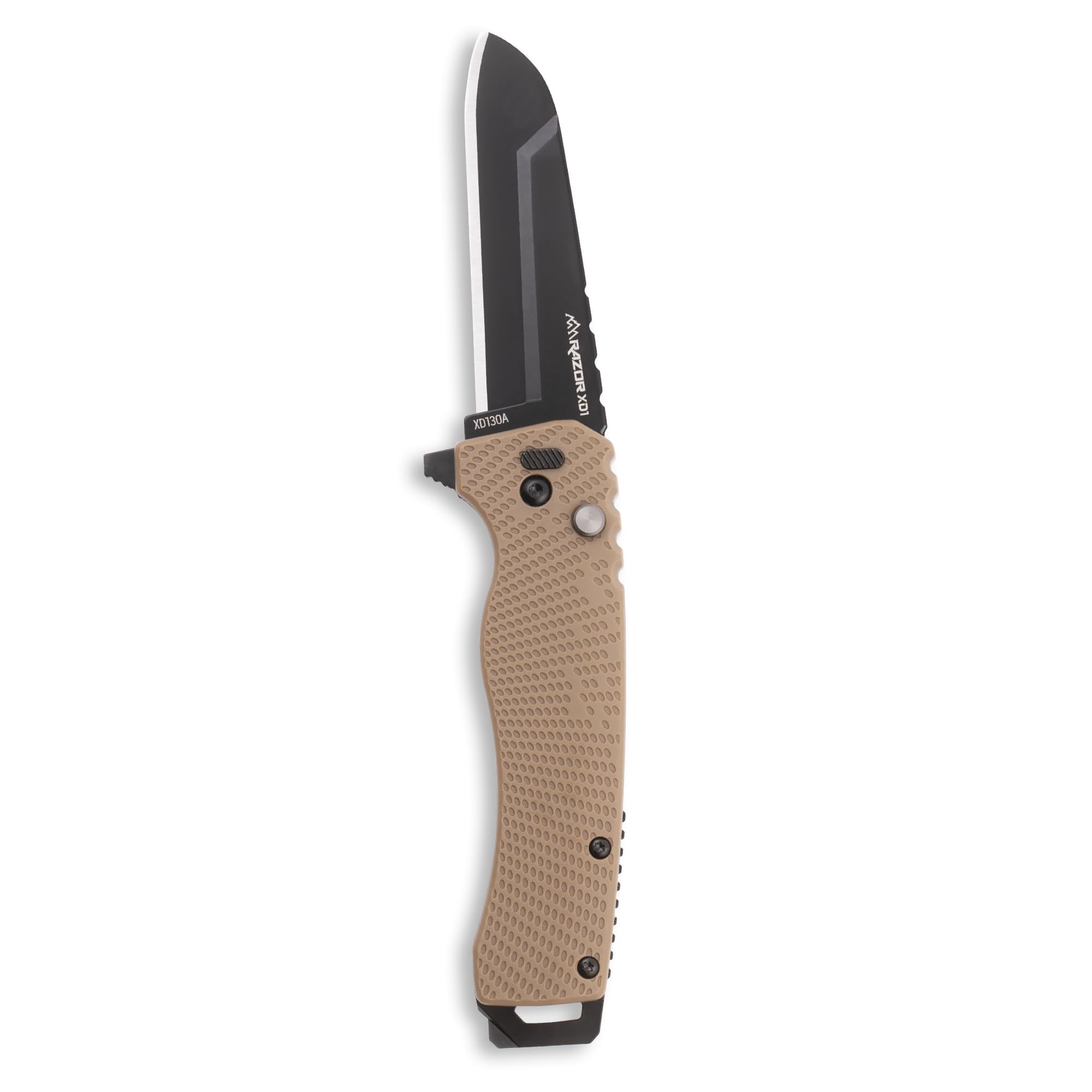 OUTDOOR EDGE Razor XD1 Folding Knife – Heavy-Duty 3" Replaceable Blade, Tan Handle with Pry Bar & Bottle Opener – Includes 2 Black Sheepsfoot Blades & 1 Utility Blade