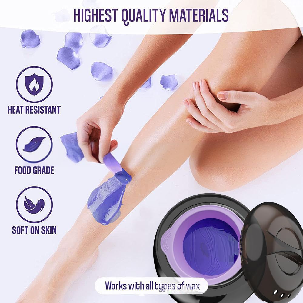 Silicone Wax pot Liner, Silicone Wax Bowl Warmer liner, Non-Stick Melt Pot Replacement, Reusable Melt Liner with 50 Pcs Waxing Sticks Body Hair Removal 14 oz (1 purple)