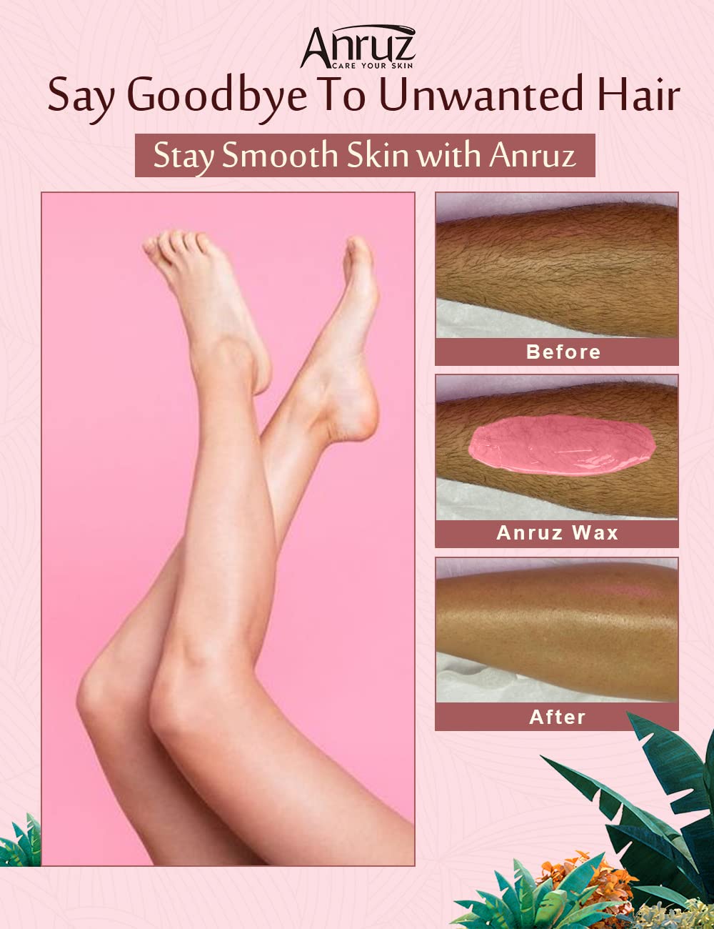 Anruz Hard Pink Wax Beads (1lb) - Professional Hair Removal for Brazilian Bikini, Legs, Underarms, Chest - Home Waxing for Any Warmer