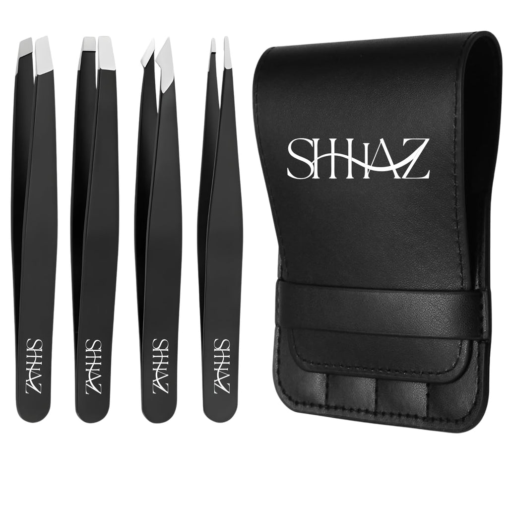 Shhhaz Professional Eyebrow Tweezers Set – Precision Slant, Pointed, Flat & Angled Tweezers for Women – Stainless Steel Facial Hair Removal Kit with Case