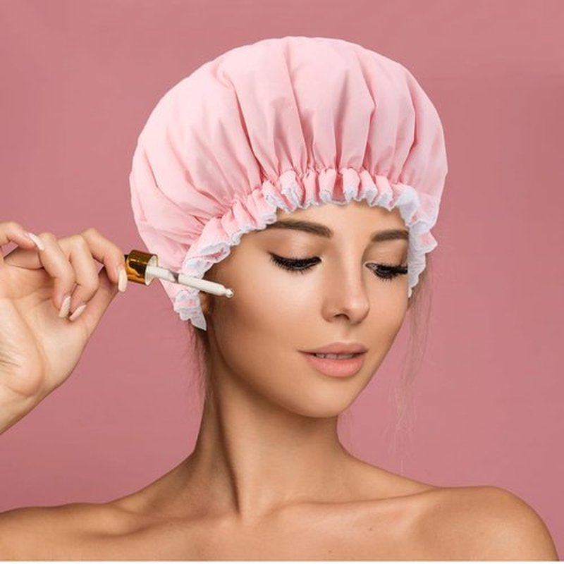 Skiennix Reusable Shower Cap - Waterproof Terry Cloth Lined Design | Double Layer, Pink for All Hair Lengths
