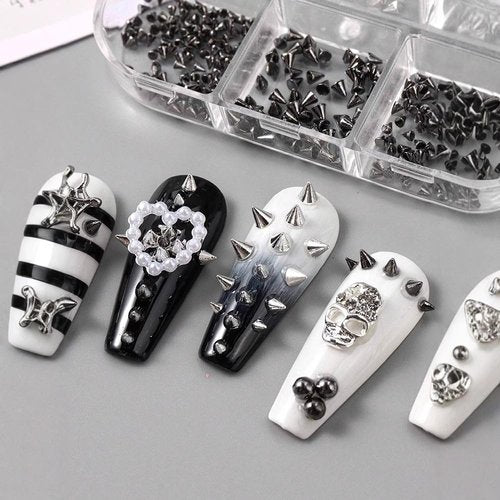 Pizadix 3 Box Punk Silver Nail Charms with Piercing, Studs for Nail Art Decoration