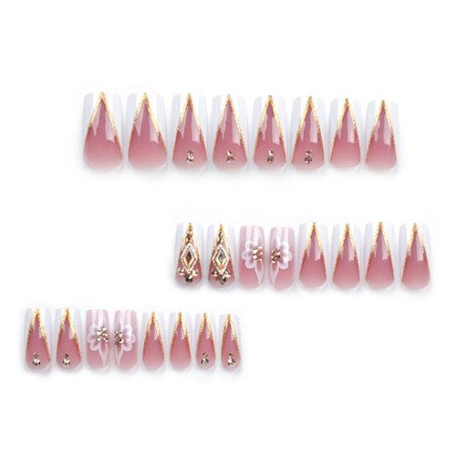 DANMANR V French Press on Nails Pink Fake Acrylic Long Nails Square Full Cover Fake Flower Nails for Women and Girls 24PCS