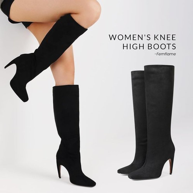 Femflame Knee High Boots - Stylish Suede Wide Calf Design with Stiletto Heel | Tall Square Toe