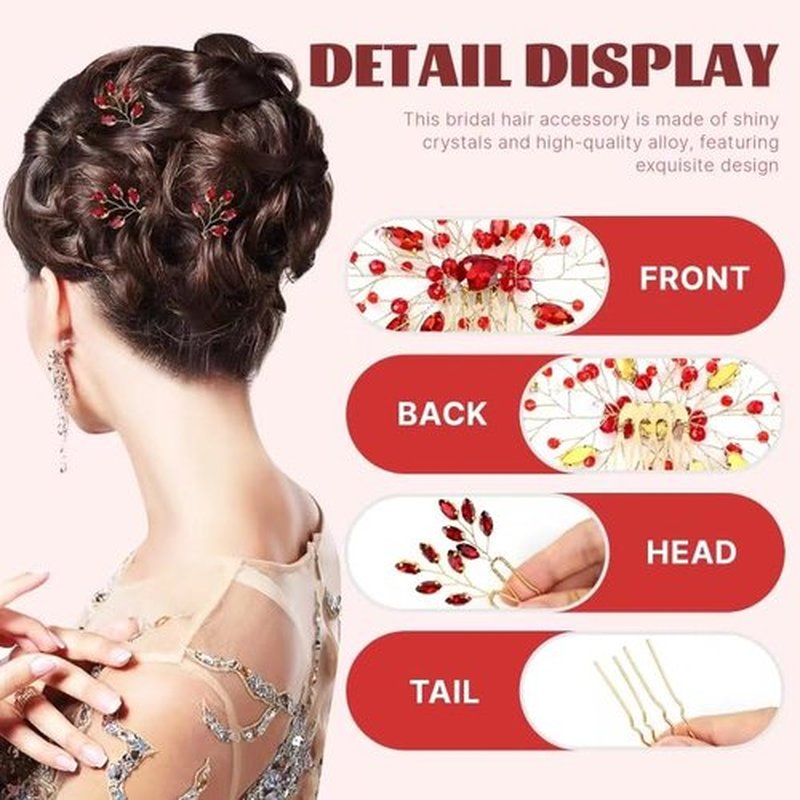 inSowni 7 Pieces Vintage Party Prom Wedding Bridal Red Bead Crystal Rhinestone Hair Side Combs+U-shaped Hair Pins Bridal Headpieces for Brides Bridesmaids Women Girls