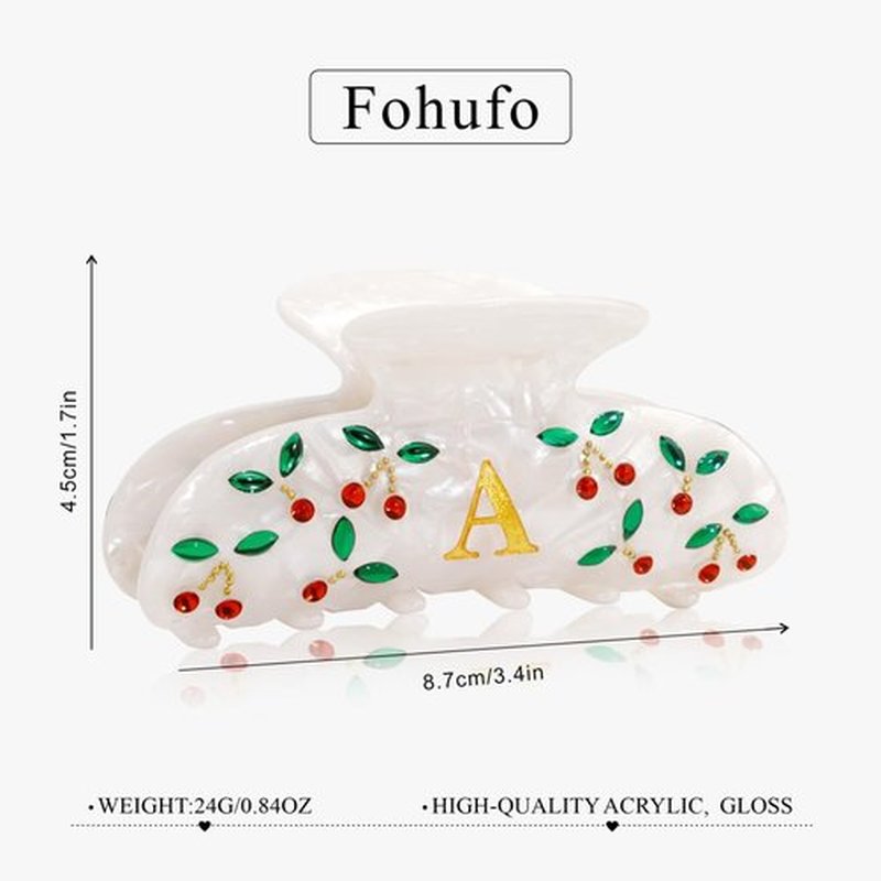 Fohufo Initial Cherry Hair Clips for Women - Letter Elegant Hair Claw Clips, Cherry Pattern Fashion Claw Clips With Rhinestones, Birthday Gifts for Women, Letter A