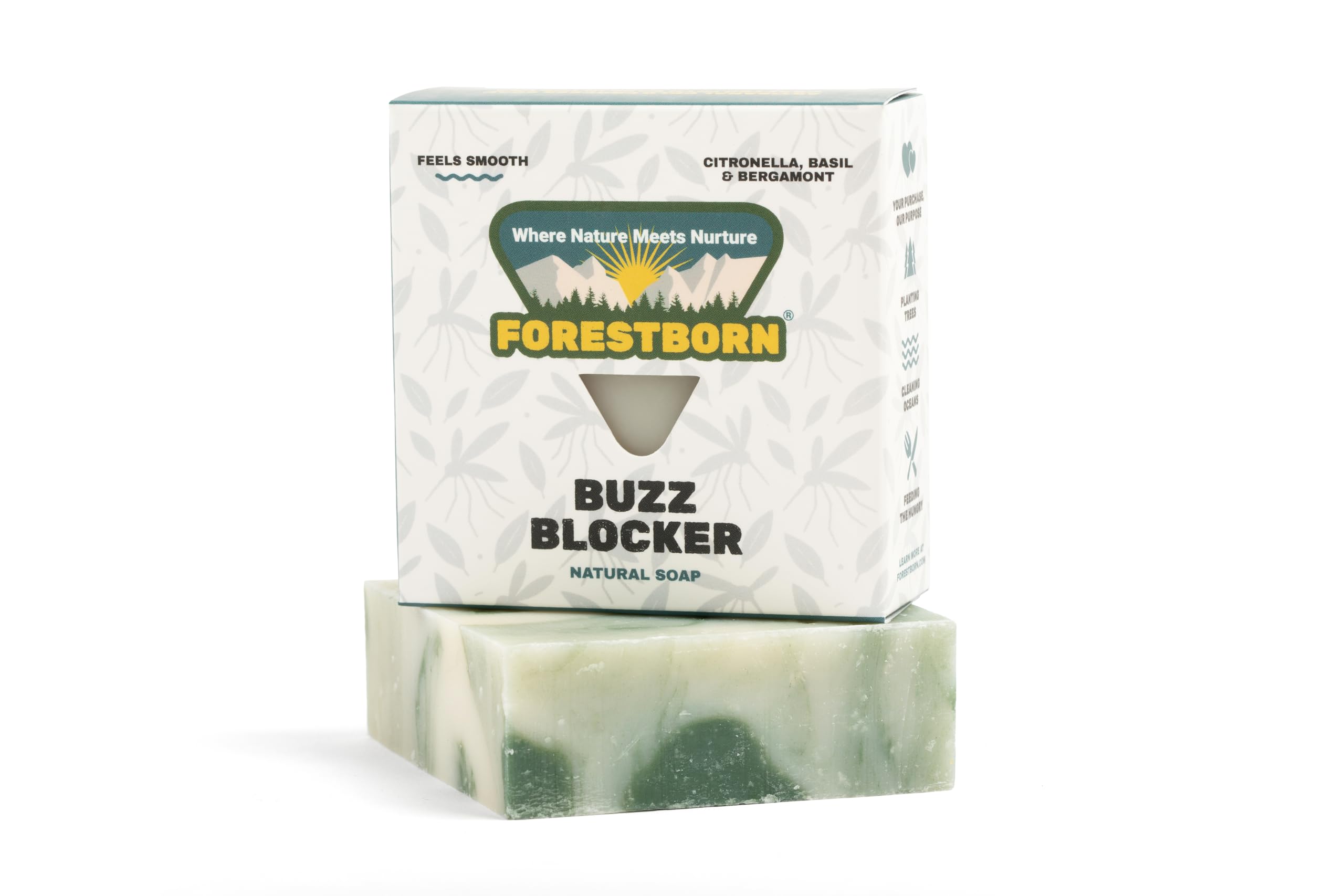 FORESTBORN Buzz Blocker All Natural Outdoor Bar Soap, 5 oz – Citronella, Basil & Bergamot Blend | Fresh Skin, Fewer Bites
