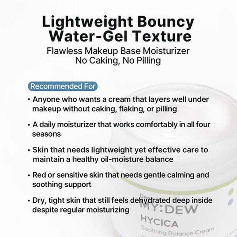 DearMYDEW HYCICA Soothing Balance Cream Moisturizer | Calming Hydration Barrier Care for Sensitive Skin, Centella, Ultra-Low Molecular Hyaluronic Acid, Vegan Fragrance-Free Korean Skincare, 2.70 fl oz