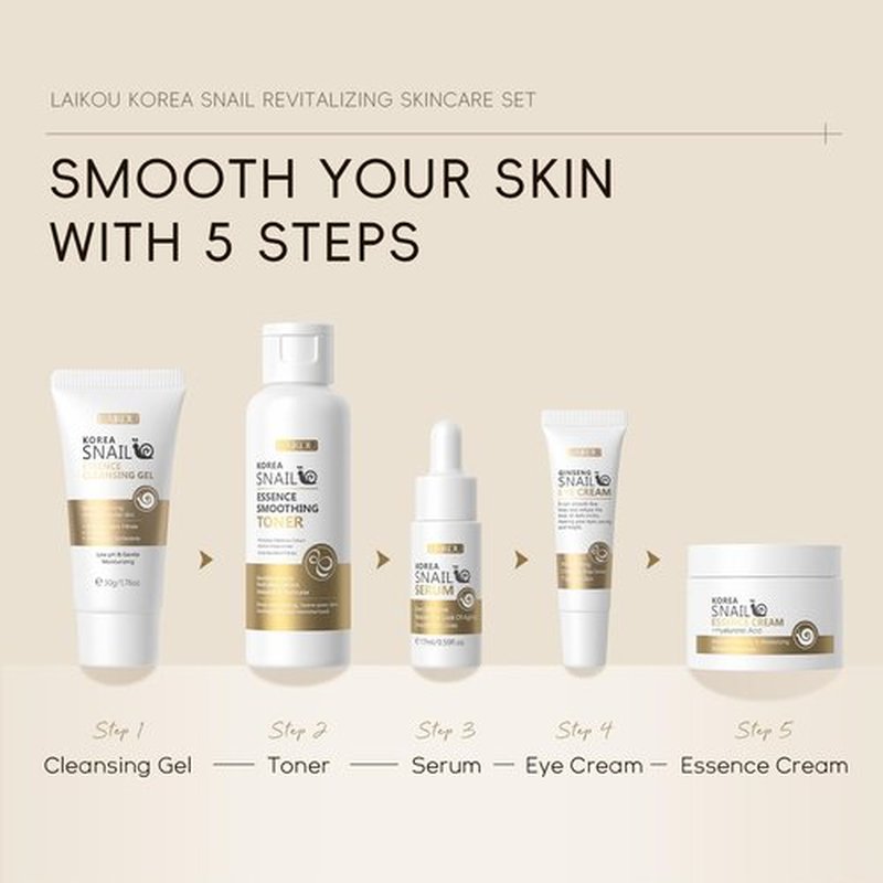LAIKOU Korean Skin Care, Skin care set, Skin Care Kit Snail and Ginseng with Cleansing Gel, Toner, Eye Cream, Serum, Essence Cream 5pcs for Women Teen Girls Mom Daughter Mother's Day Birthday