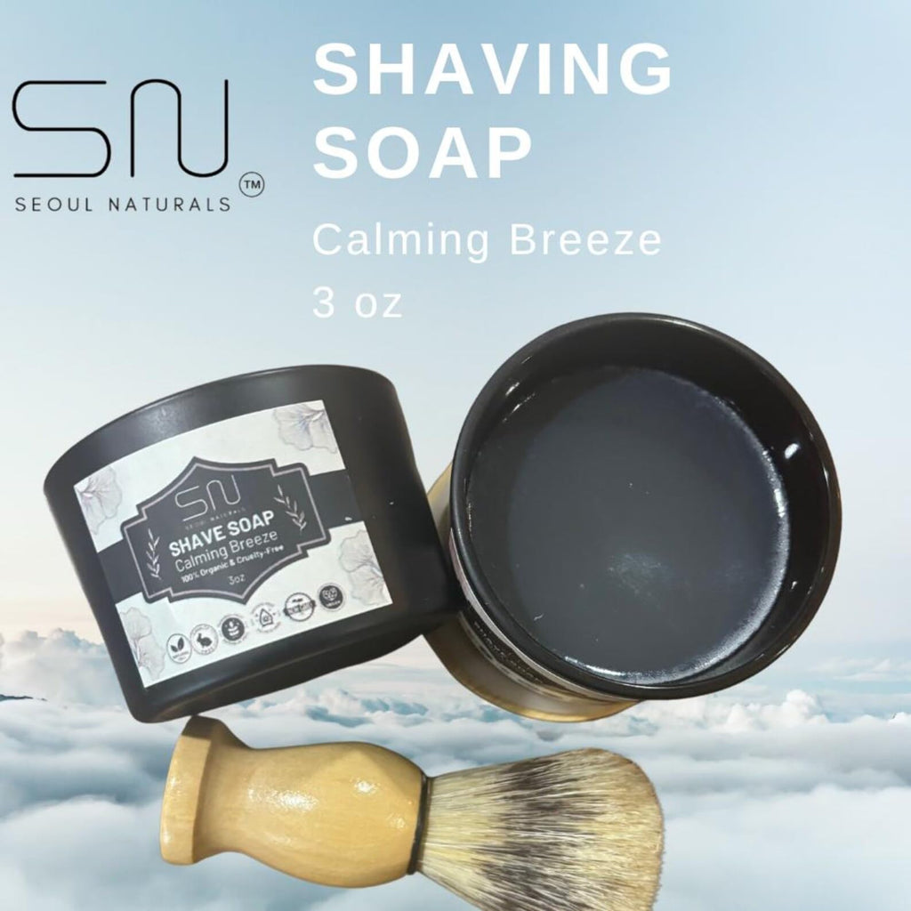Seoul Naturals Organic Shave Soap Set with Barber Brush, Calming Breeze Scent, k beauty, 3 oz
