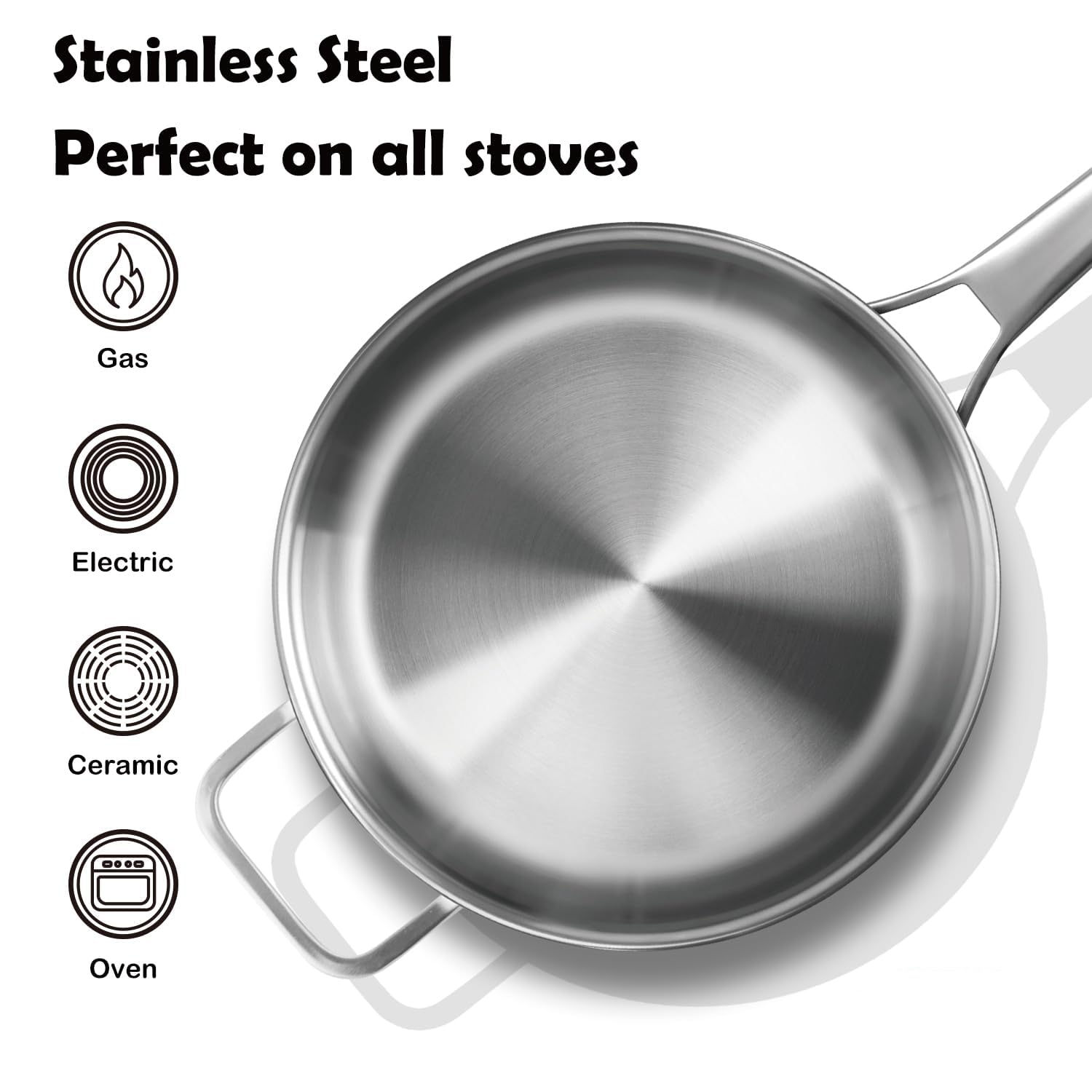 VocVoi Stainless Steel Pan with Lid, 6 QT Stainless Steel Saute Pan, 12 Inch Frying Pan, PFOA & PTFE Free, Tri-Ply Skillet, Stainless Steel Pot, Dishwasher & Oven Safe, Works on All Cooktops