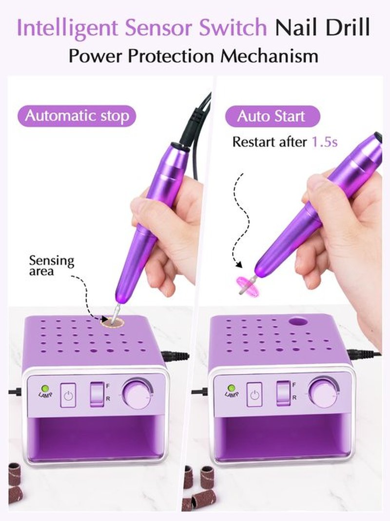 Subay Nail Drill Machine Electric File, Portable for Acrylic Gel Dip Powder Nails, Nail Drill Kit for Manicure Pedicure, Nail Set with Everything, Purple
