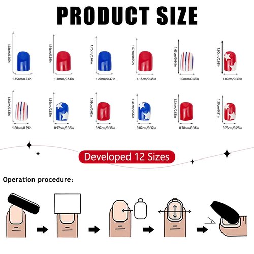 4th of July Press on Nails Extra Short Square OFDNE Patriotic Fake Nails Cute False Nails with Stars Stripes Designs Glossy Glue on Nails White Blue Red Acrylic Nails for Women Girls 24Pcs