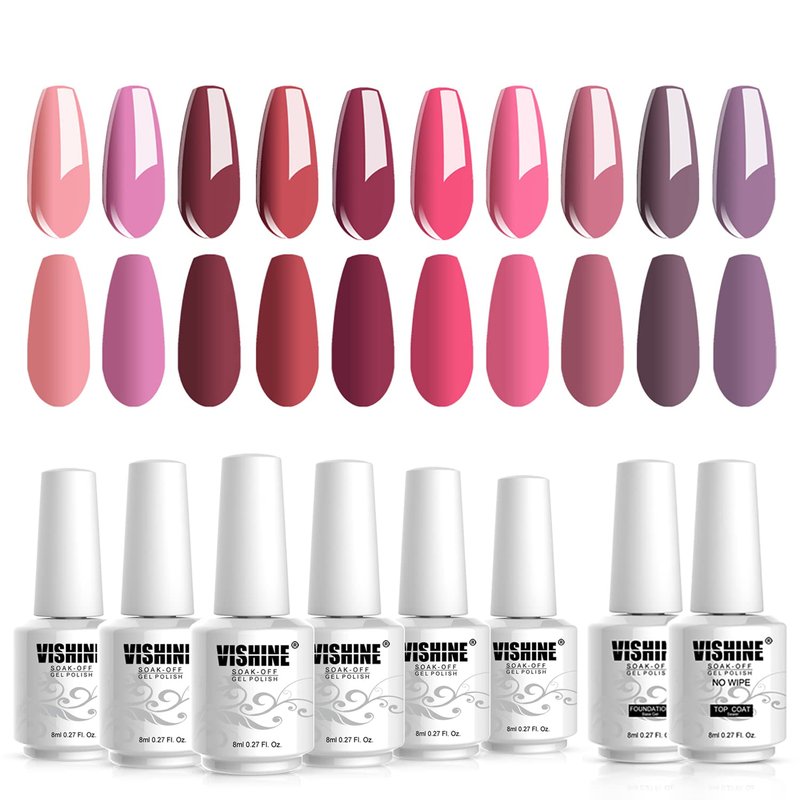 Vishine 12PCS Gel polish Professional UV LED Soak Off Pink Rose Varnish Color Gel Nail Polish with Base Top Coat Manicure Salon 8ml