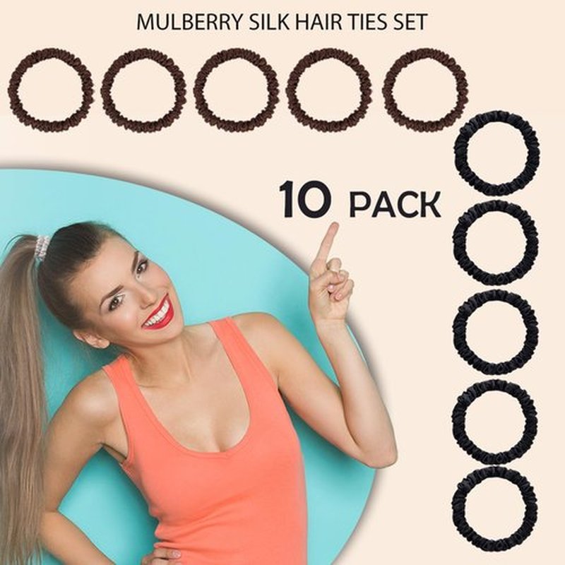 SEMRUE 22 Momme 100% Pure Mulberry Silk Scrunchies (10 PCS) - Small Hair Elastics and Ties for Women Sleep, Hair Care No Damage, Black*5+Brown*5