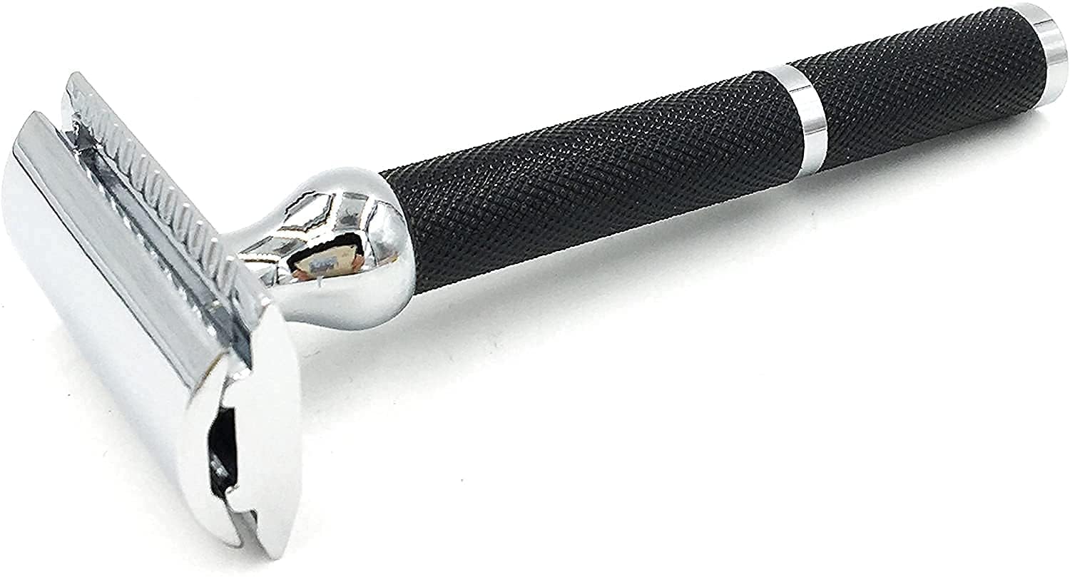 Parker 71R Medium Weight Long Handle Double Edge Safety Razor with 5 Parker Platinum Stainless Steel Razor Blades - Black Electroplated Brass Handle