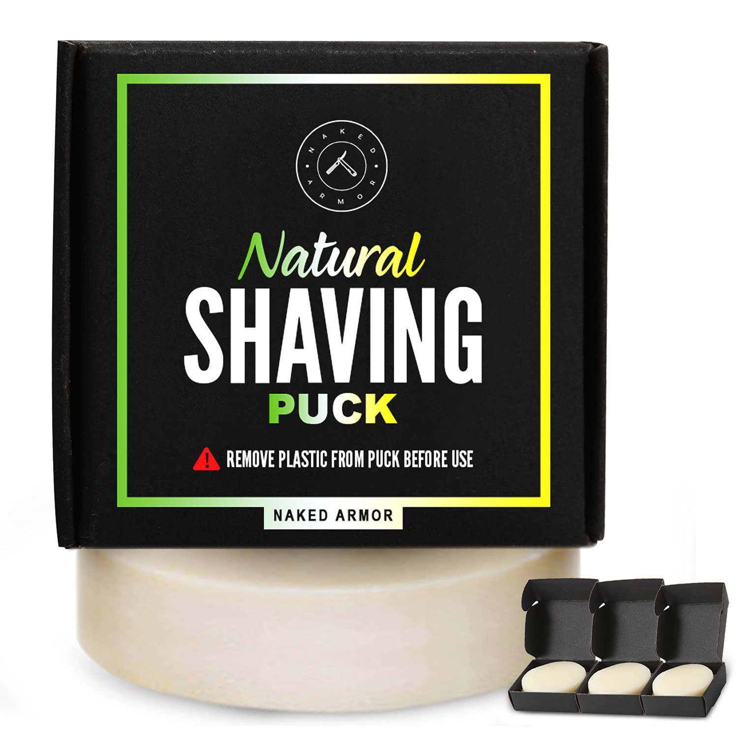 Naked Armor 3-Pack Natural Shave Soap Pucks - Wet Shaving Soap for Sensitive Skin - Organic Ingredients with Shea Butter & Eucalyptus - Premium Shaving Mug & Bowl Refill
