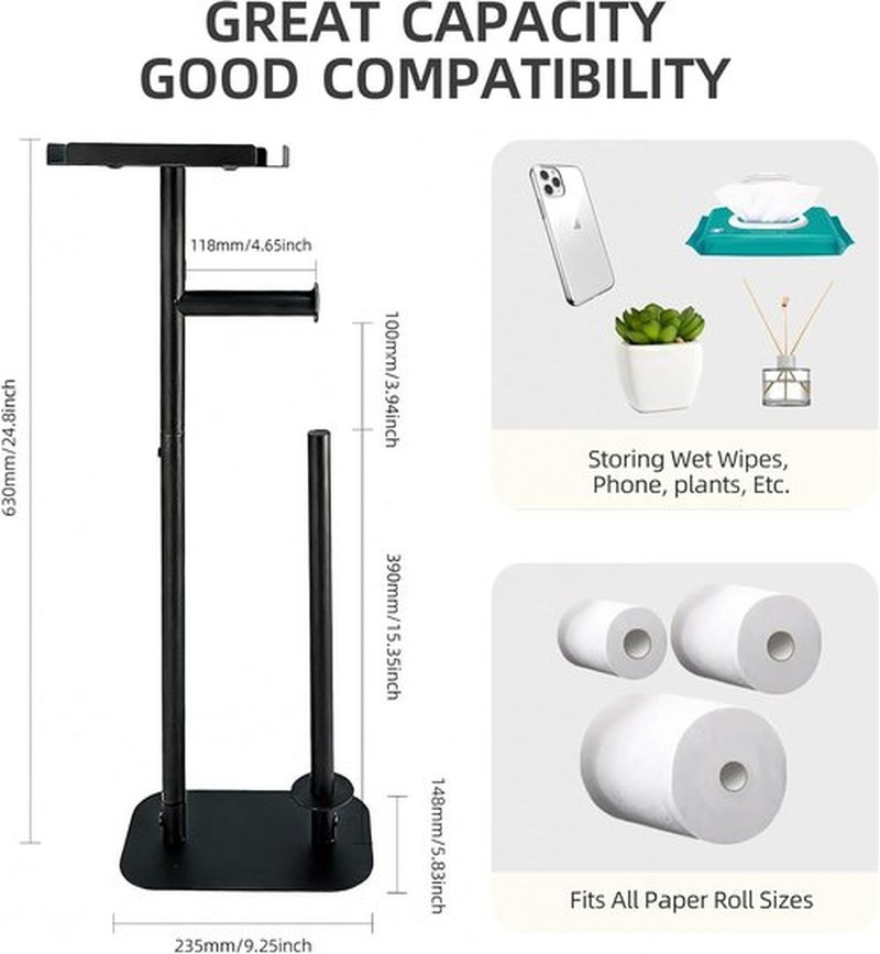 Skiennix Free Standing Toilet Paper Holder - Rustproof Metal with Anti-Slip Base & Top Shelf | Black