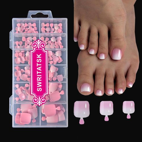 SWRITATSK Press On Toe Nails,French Press On Toenails For Women,Square Toe Nail Press Ons Toe Nails,120Pcs Toe Nail Tips,12 Sizes Ombre Pink Wearable Full Cover Fake Toenails,False Nails Gel Toe Nails