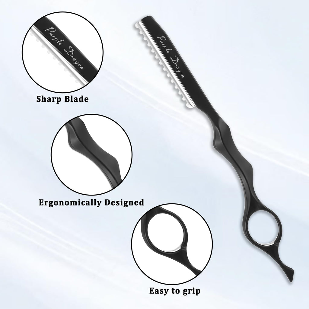 Hair Razors for Cutting, 6.89" Stainless Steel Hair Thinning Razor Kit with 10Pcs Replacement Blades, Professional Styling Texturizing Cutting Razor Tool for Salon and Home(Black)