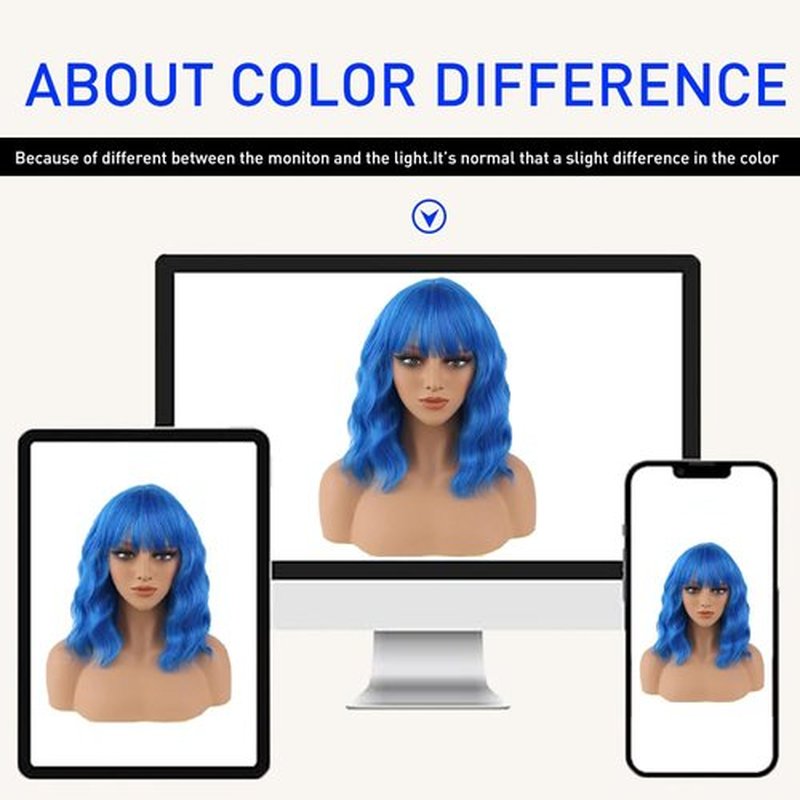 HWHRGL Blue Wigs with Bangs for Women 14inch loose wavy bob Wig With Bangs Curly Wavy Shoulder Length Bob Synthetic Wigs Colorful Wavy Wigs for Cosplay Daily Party Use Halloween Wig (Blue, 14 Inch)