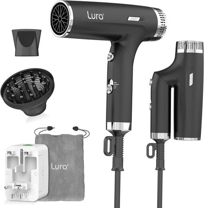 LURA Auto Dual Voltage Hair Dryer - Compact Travel Blow Dryer with Diffuser for Women | Lightweight & Portable (Black)