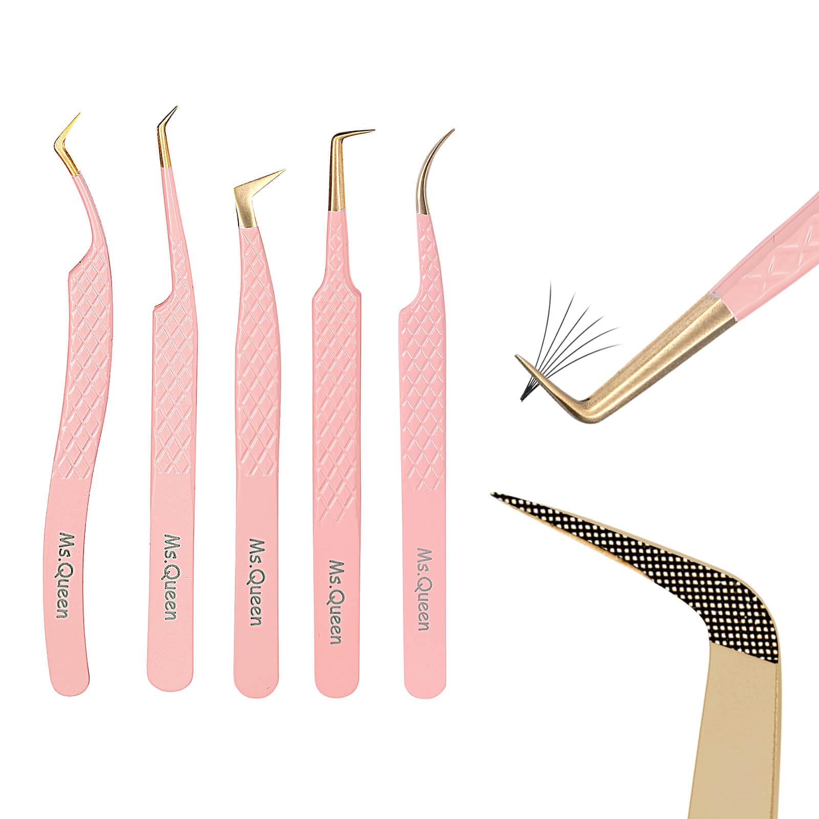 Ms.Queen Eyelash Extension Tweezers, Professional Fiber Tip Lash Tweezers Set of 5,Curved 45 90 Degree Volume Isolation Tweezers